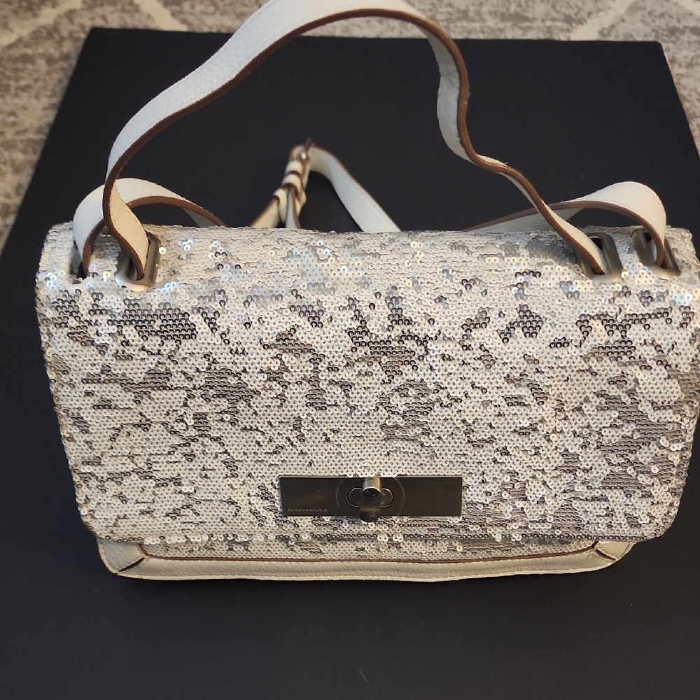 BCBG Max Azria White Leather Sequin Crossbody Bag.